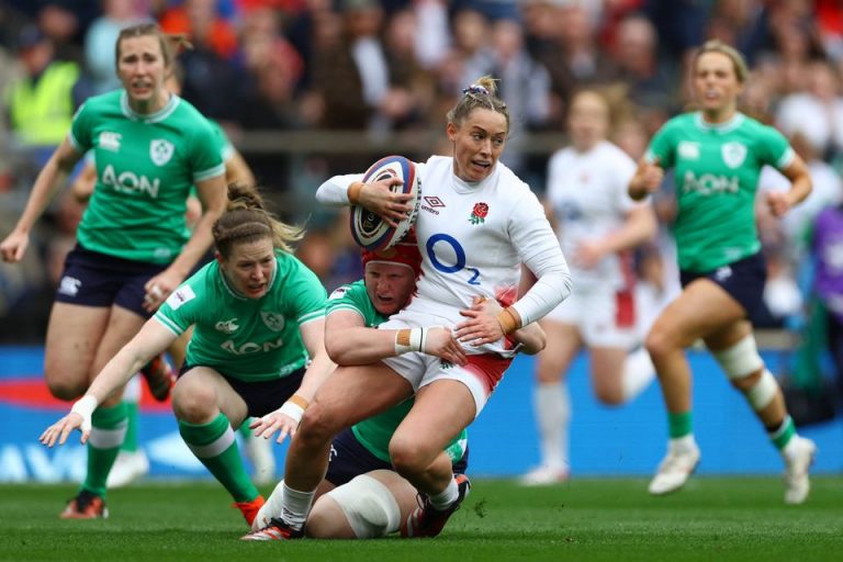 Mo Hunt is tackle as she plays for England v Ireland.